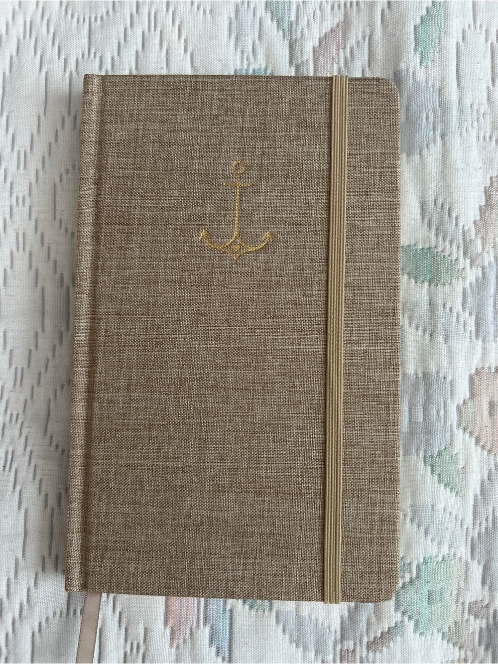 Beige Linen Hardcover Notebook with Elastic Closure Gold Anchor